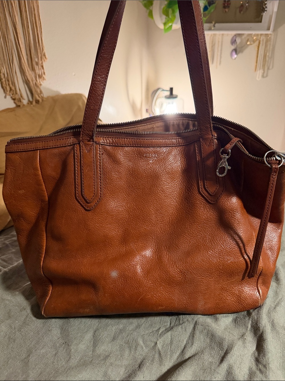 Fossil Leather Tote in Cognac Brown